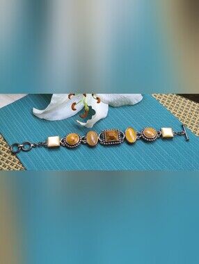 Vintage HK Sterling Silver Multi Gemstone Panel Bracelet, Ornate Balinese Style